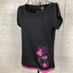 Harley-Davidson Women's Black Tee with Pink Floral Accents
